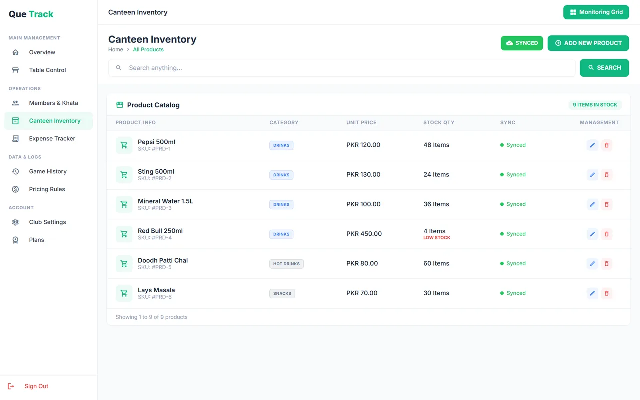 QUE TRACK canteen inventory screen on Windows with products, prices and stock