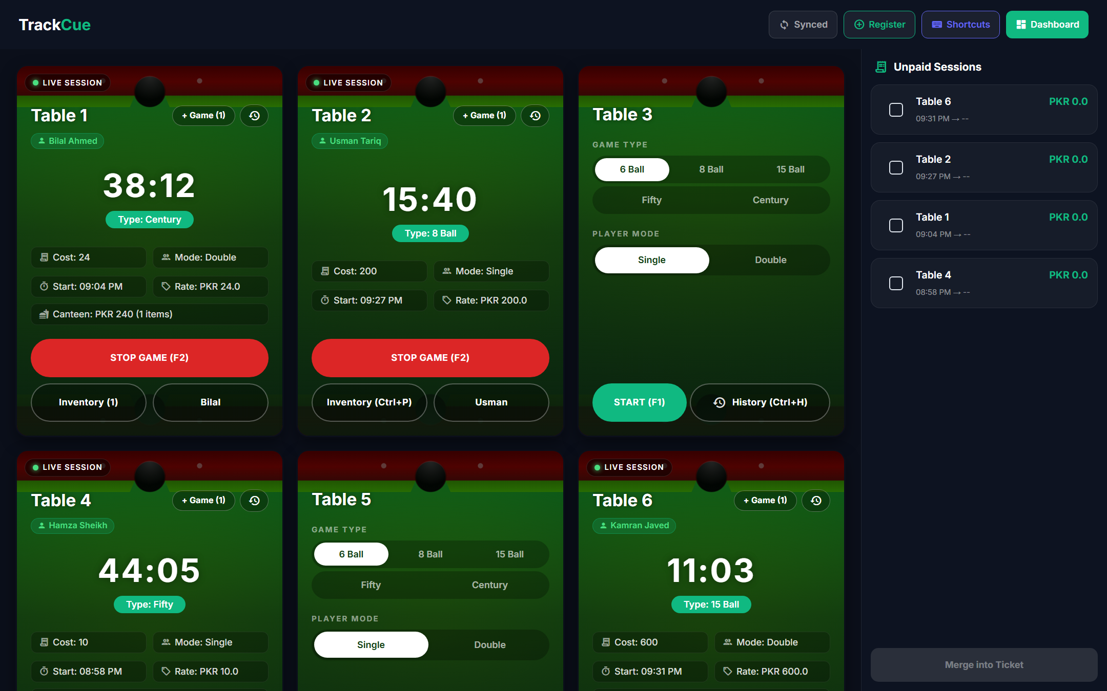Live table monitoring in the QUE TRACK Windows app