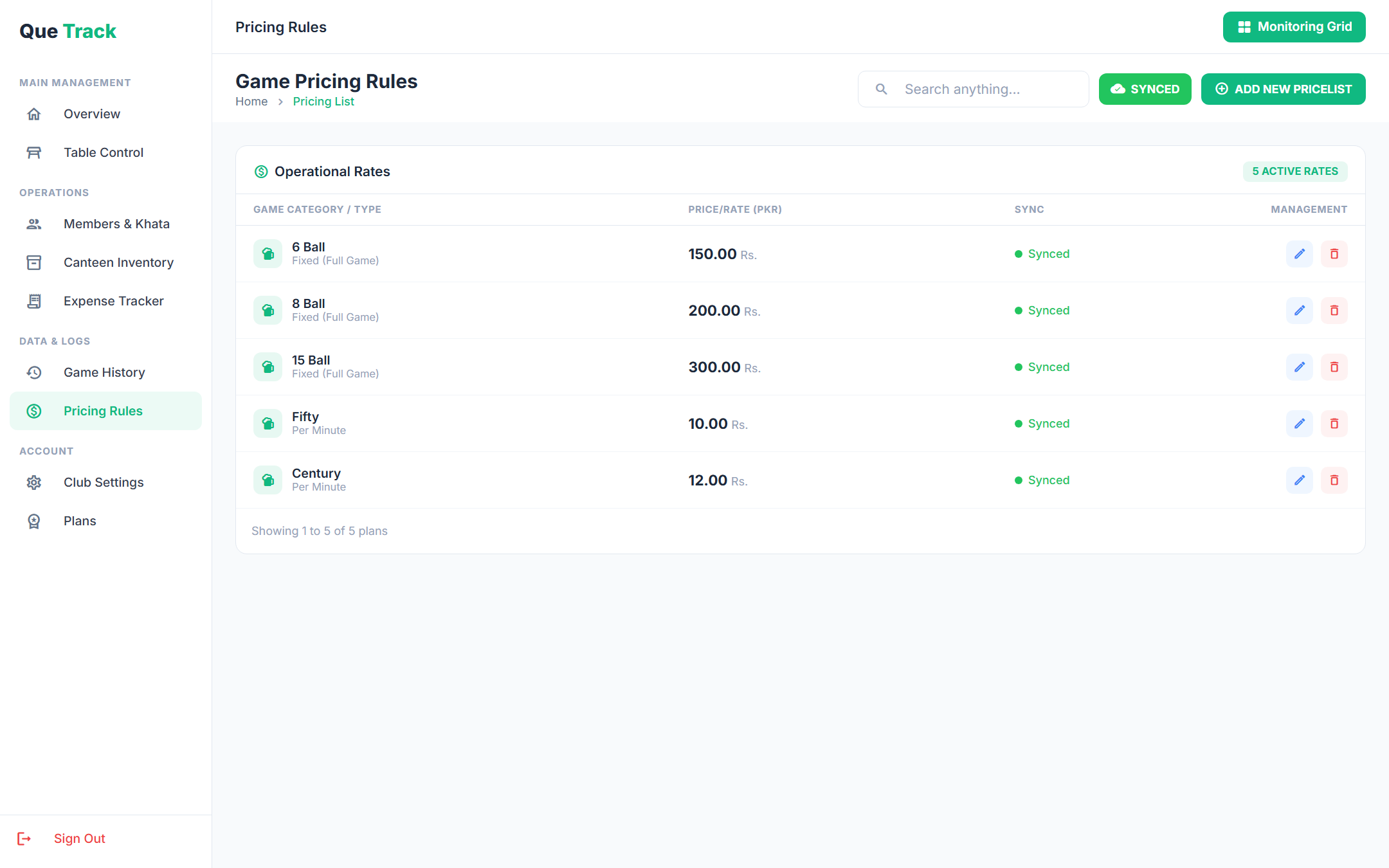 Pricing rules screen in the QUE TRACK Windows app