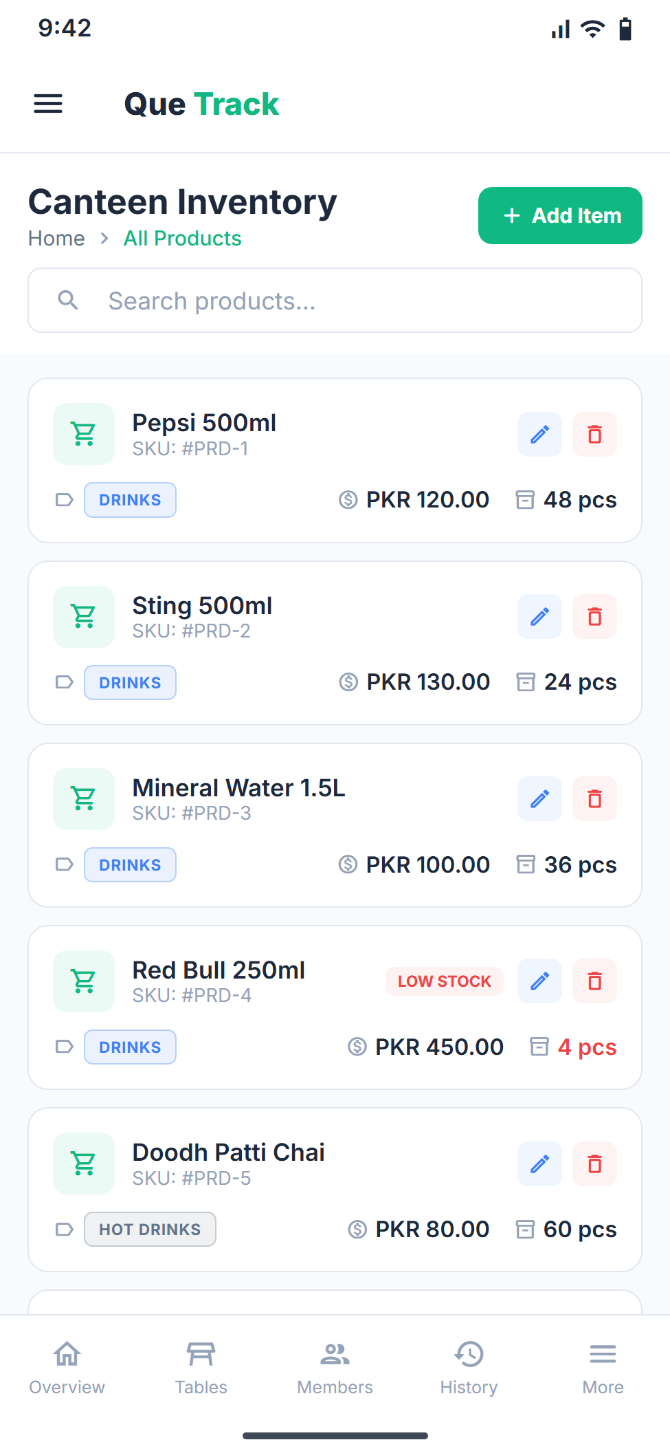 Canteen screen in the QUE TRACK Android app