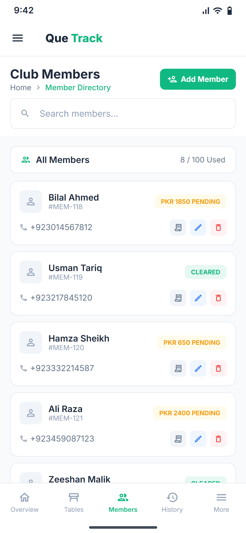 Members & khata screen in the QUE TRACK Android app