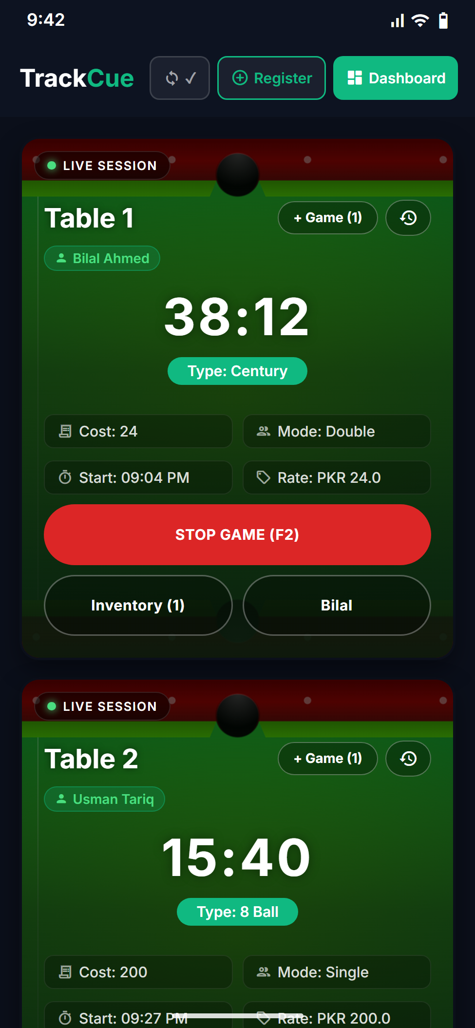 Live table monitoring in the QUE TRACK Android app