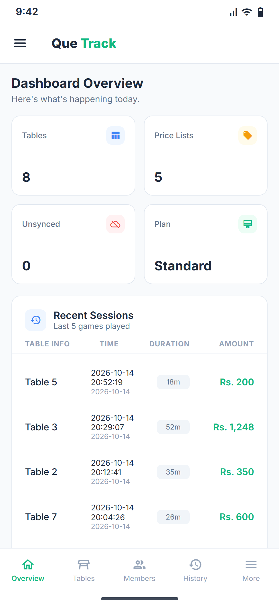 Overview screen in the QUE TRACK Android app