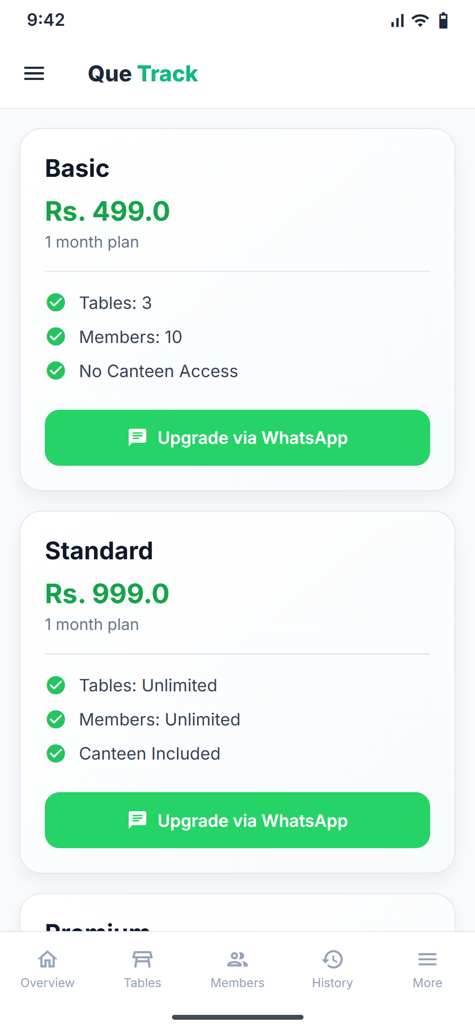 Plans screen in the QUE TRACK Android app