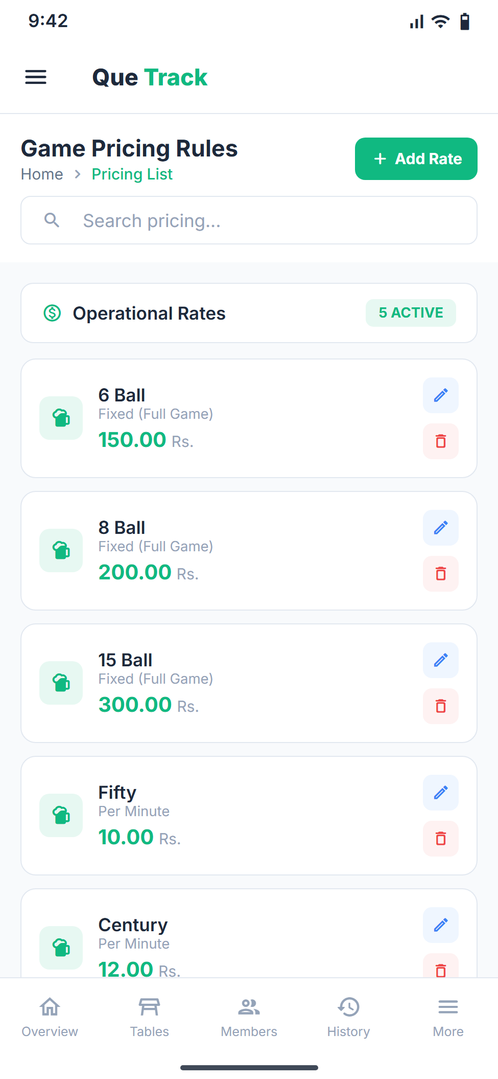 Pricing rules screen in the QUE TRACK Android app