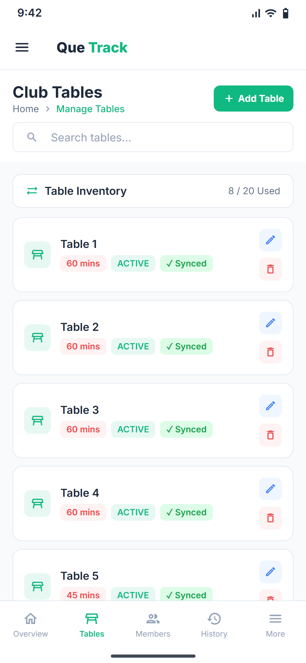 Tables screen in the QUE TRACK Android app